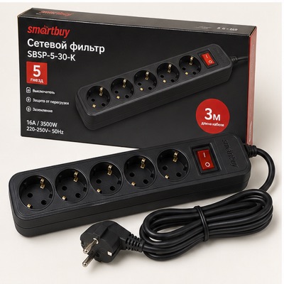 Сетевой фильтр 5 гнезд выкл. 3м SBSP-5-30-K
