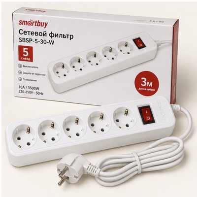 Сетевой фильтр 5 гнезд выкл. 3м SBSP-5-30-W