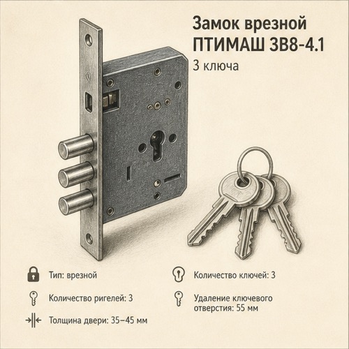 Замок врезной ПТИМАШ ЗВ8-4.1 3 ключа
