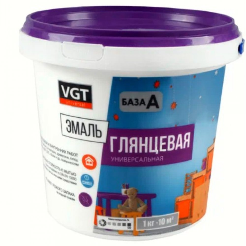 Эмаль ВГТ универсальная глянцевая супербелая 1кг База А 20046