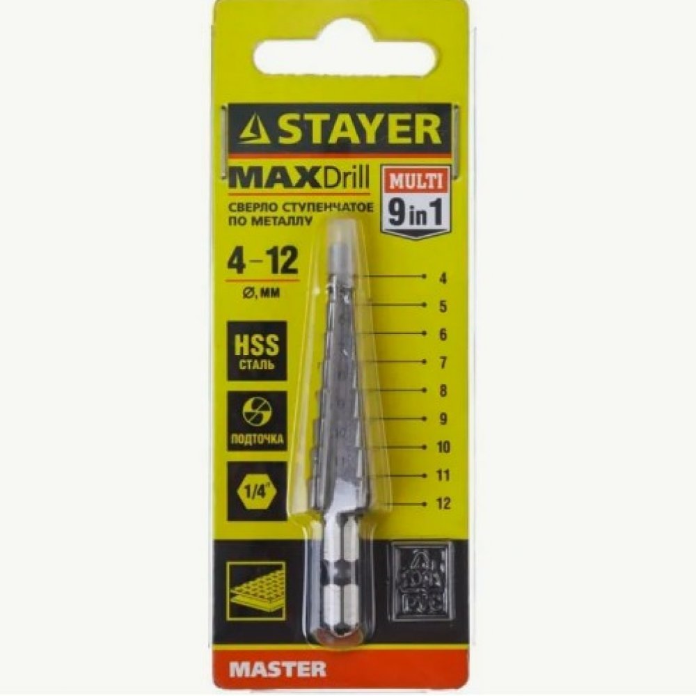 Сверло ступенчатое по металлу ф4-12мм СТАЕР 29660-4-12-9