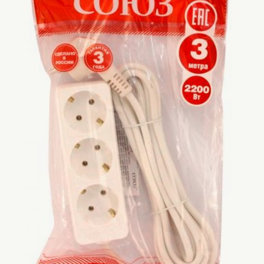 Удлинитель ТМ СОЮЗ 3*3 с/з 3500Вт с выключателем