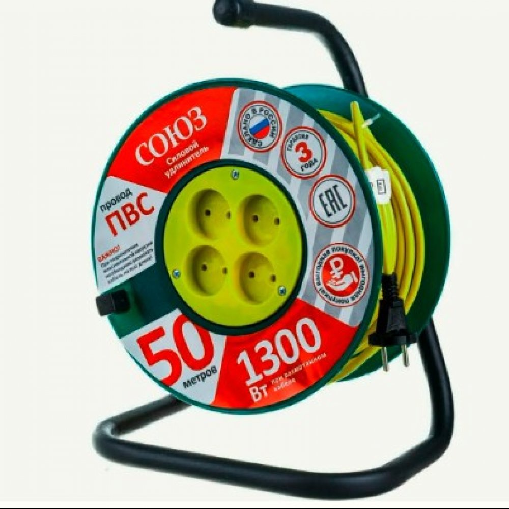 Удлинитель ТМ СОЮЗ силовой на катушке с 4гн. с/з 50м 2200Вт